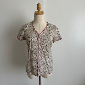 Fabindia Floral Button Down Top XS Short Sleeve Cream Red Print Shirt